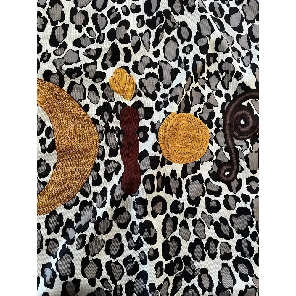 CHRISTIAN DIOR Leopard Silk Twill Scarf Spell Out Rope Knot Cord Gray Brown Gold